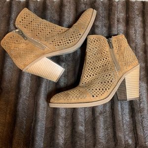 Tan micro suede cutout heeled booties